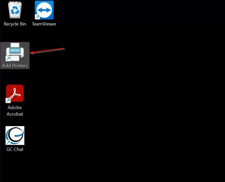 Computer desktop screen with icons for Recycle Bin, TeamViewer, Add Printers, Adobe Acrobat, and GC Chat, on a black background.