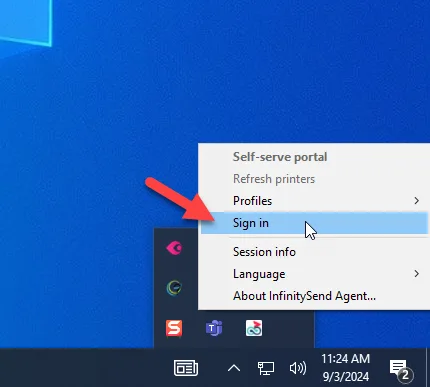 Computer screen showing a context menu with options for 'Self-serve portal,' 'Refresh printers,' 'Profiles,' and 'Sign in,' with the 'Sign in' option highlighted.