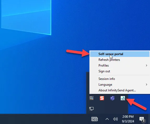 A computer screen showing a right-click menu with options including 'Self-serve portal,' 'Refresh printers,' 'Profiles,' 'Sign out,' 'Session info,' 'Language,' and 'About InfinitySend Agent.' The taskbar displays icons for applications, and the date and time are 2:00 PM on September 3, 2024.