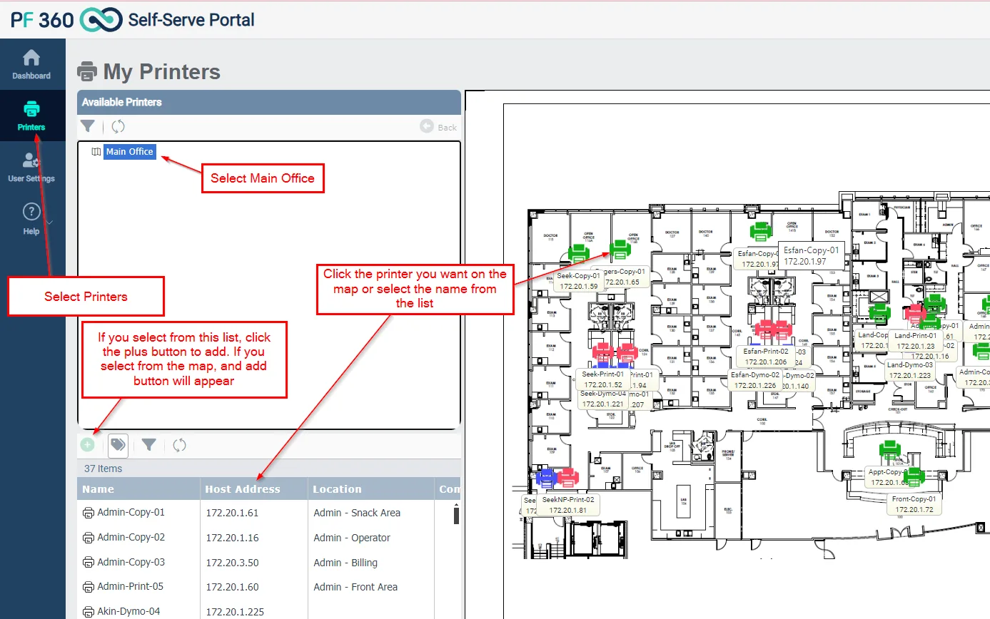 Screenshot of a self-service print portal interface showing options to select printers and print copies for a main office location, with instructions overlaid guiding how to select and add printers, and a map of the office layout with printer icons labeled with host addresses and copy names.