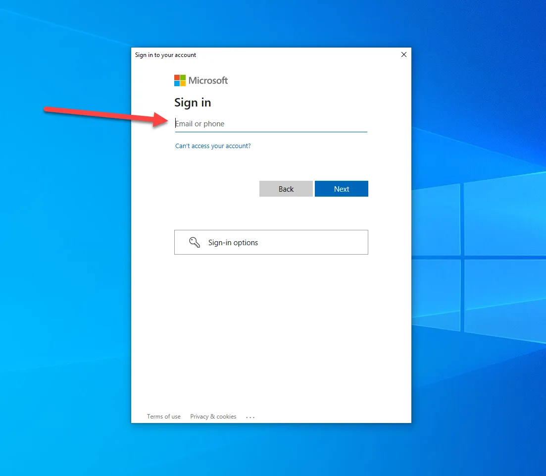 Microsoft Windows login screen with an email or phone input field, and buttons for 'Back' and 'Next'.